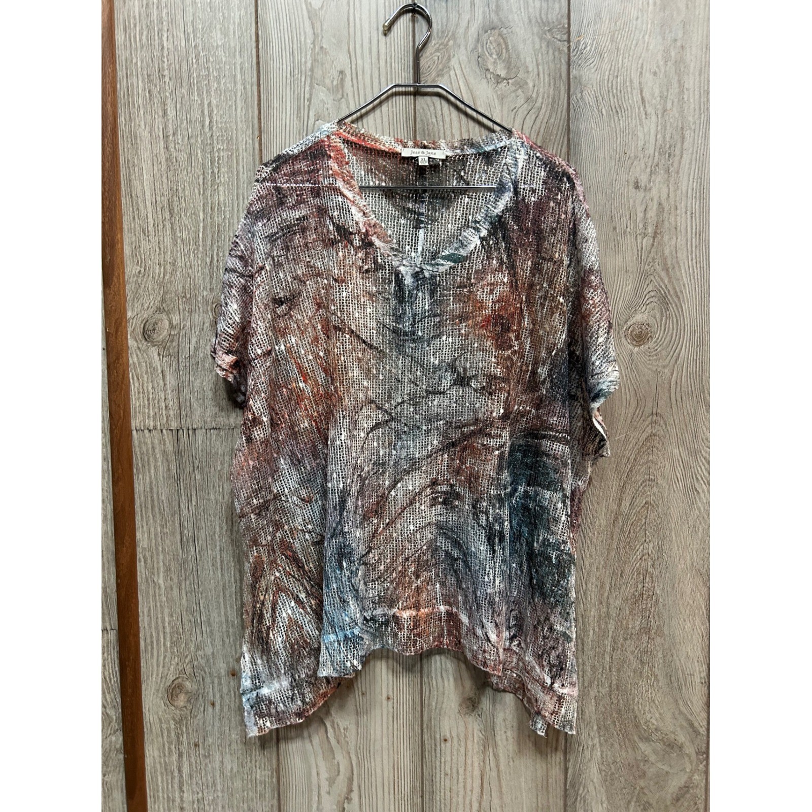 Jess & Jane XL Abstract Art to Wear Mesh Open Knit V-Neck Top Made in USA Multi