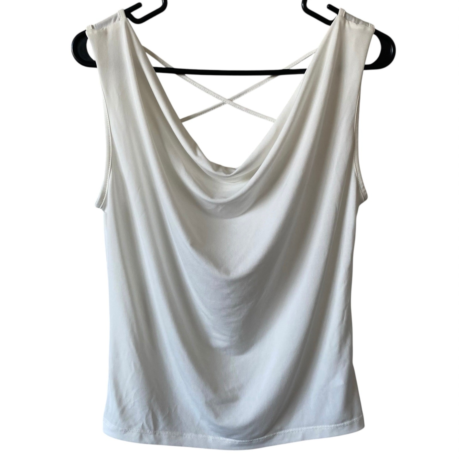 RUNS BIG LOLA GRACE White Drop Neck Sleeveless Blouse Small Criss Cross Back