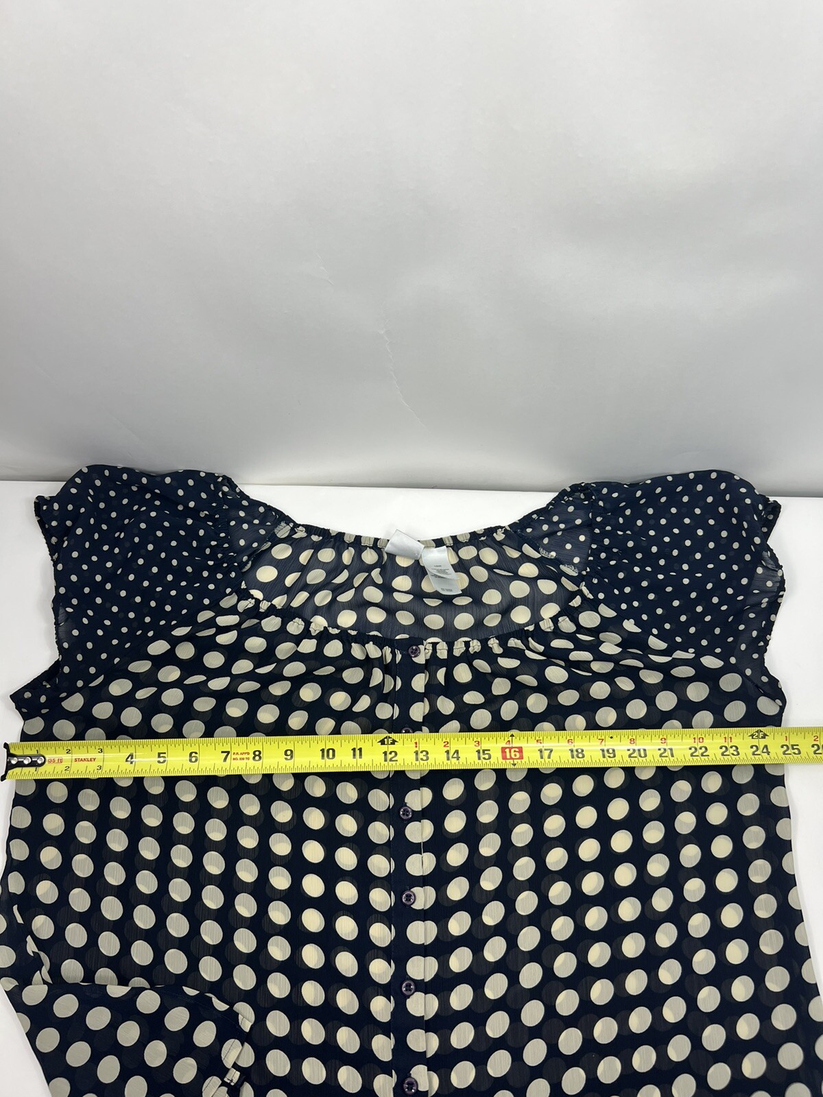 Emma James Woman Blouse Women’s Sz 18W Navy Blue Tan Polka Dots Sheer