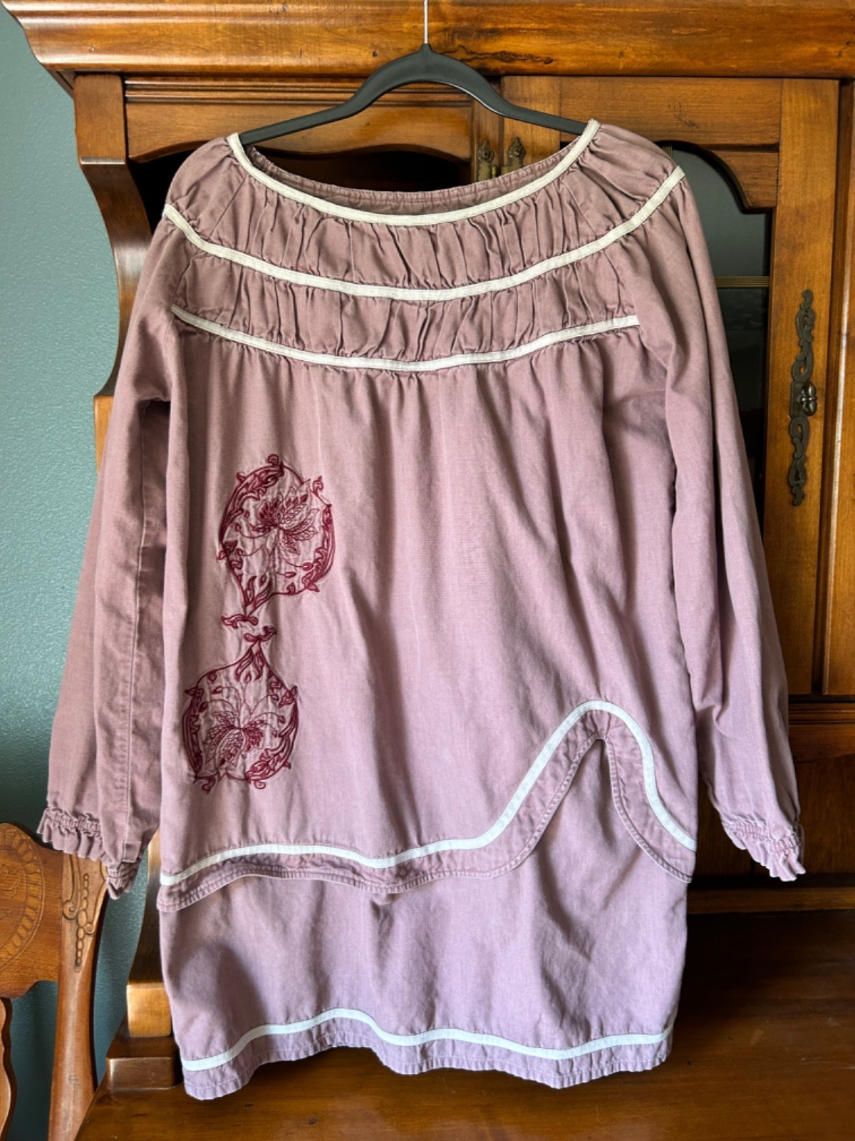 Shukr Mauve Denim Tunic- Long Sleeve- Embroidered- Pleated Boat Neckline-Tiered