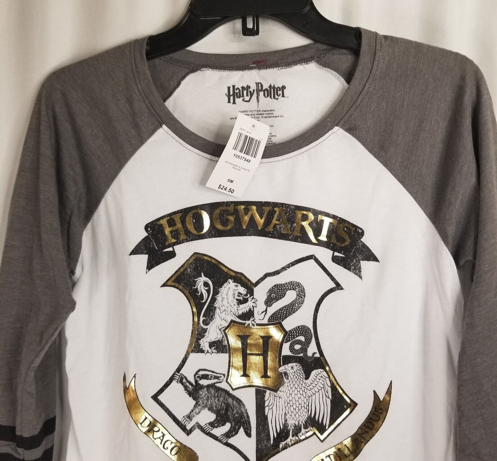 Harry Potter Unisex Hogwarts Athletic Raglan Top Gold Metallic Accent New Small