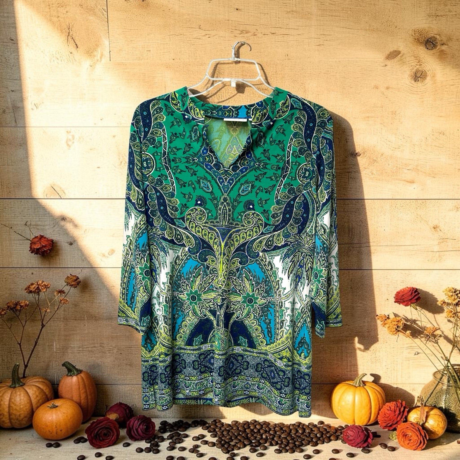 Susan Graver Floral Tunic Blouse Womens Small Green & Blue 3/4 Sleeves Summer