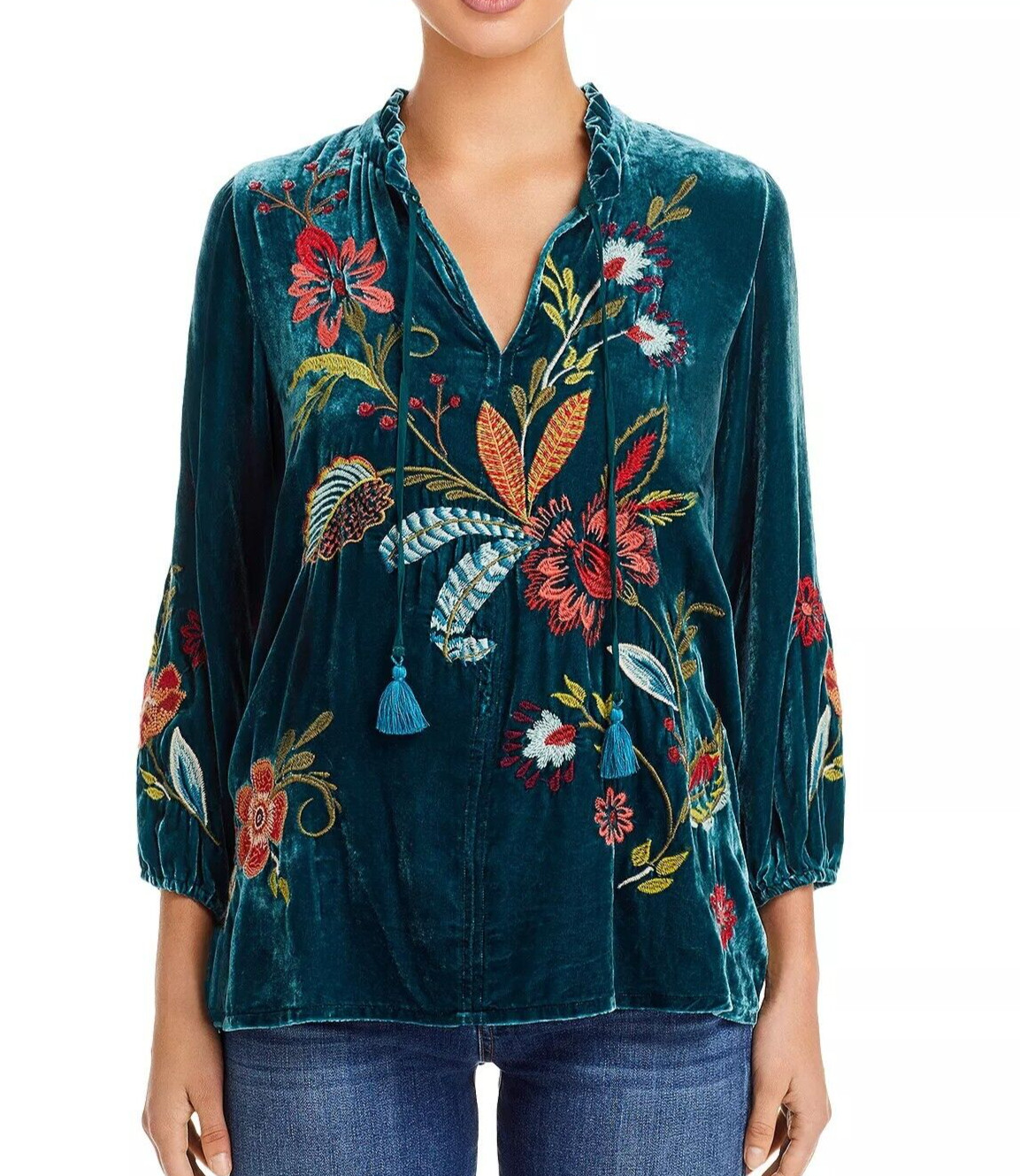 BNWT Johnny Was Isabella Embroidered Velvet Field Blouse Boho Deep Teal M 295