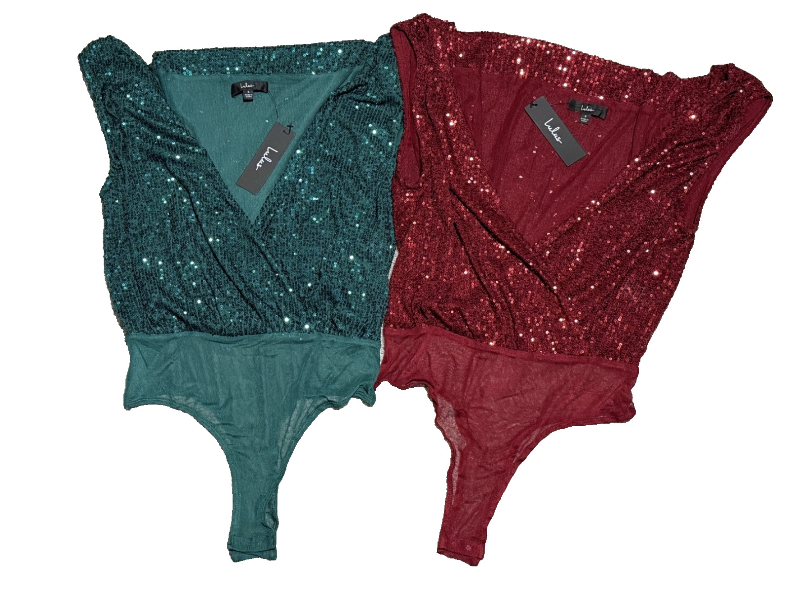 Lot of 2 Lulus Evening of Wonder Burgundy & Green Sequin Cowl Back Bodysuit Sz S