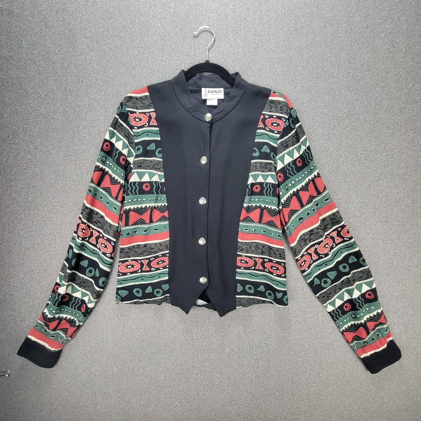 Vintage Banjo L Black Print Western Conch Southwest Aztec Buttoned Shirt