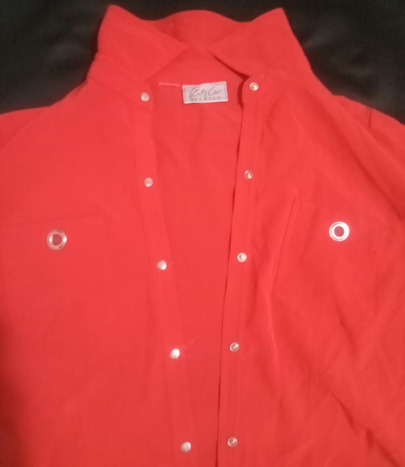 Kathy Che Red Utility Button-Up Blouse Women’s Roll Tab Shirt Chest Pockets