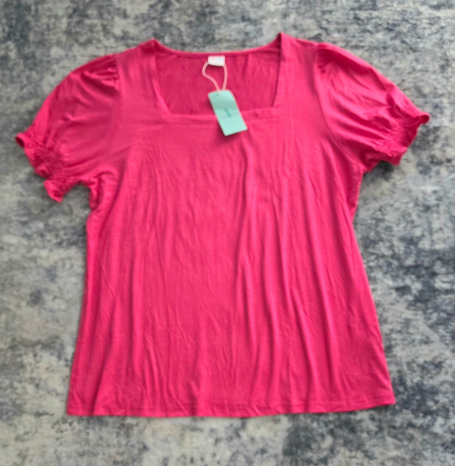 NWT WIHOLL pink stretch short-sleeve pullover square neck blouse (XXL) puff slee