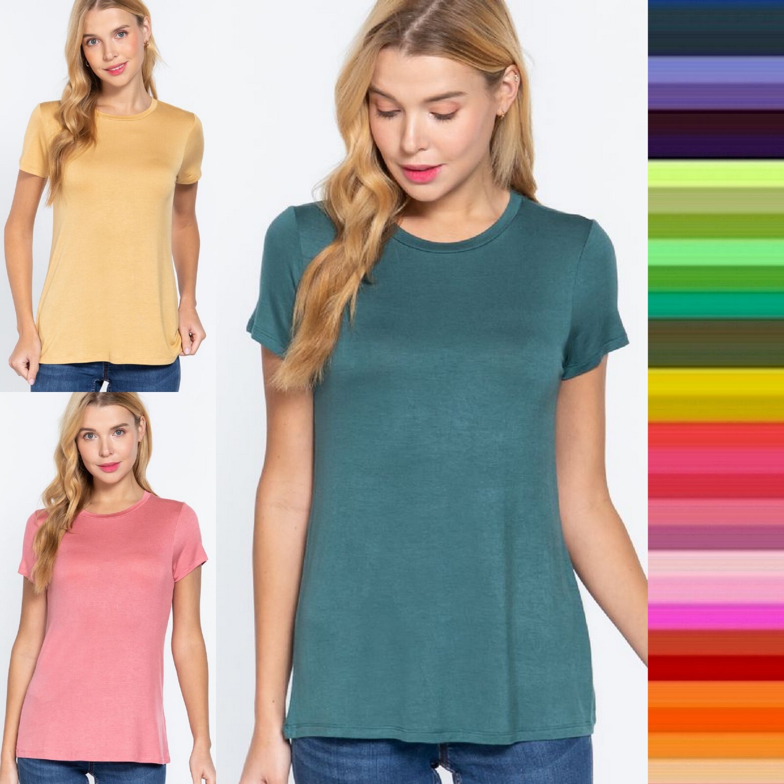 Women’s Round Crew Neck Short Sleeve Soft Rayon Top Relaxed Fit Basic T-Shirt