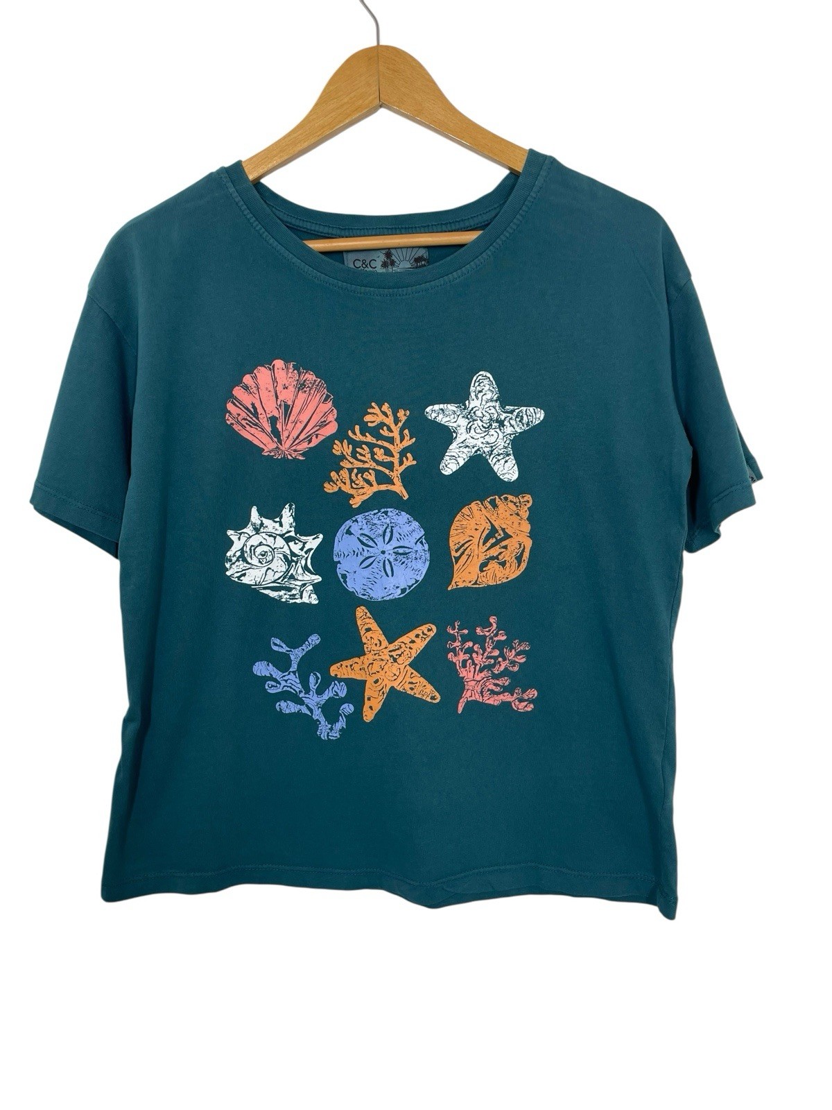 C & C California The Toni Boxy Tee Short Sleeve Coral Shells Print Green Small
