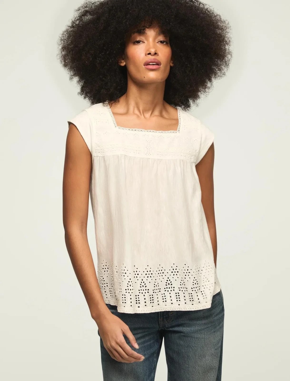 Lucky Brand Shell Short Sleeve Square Neck Top Blouse White Women’s Medium M