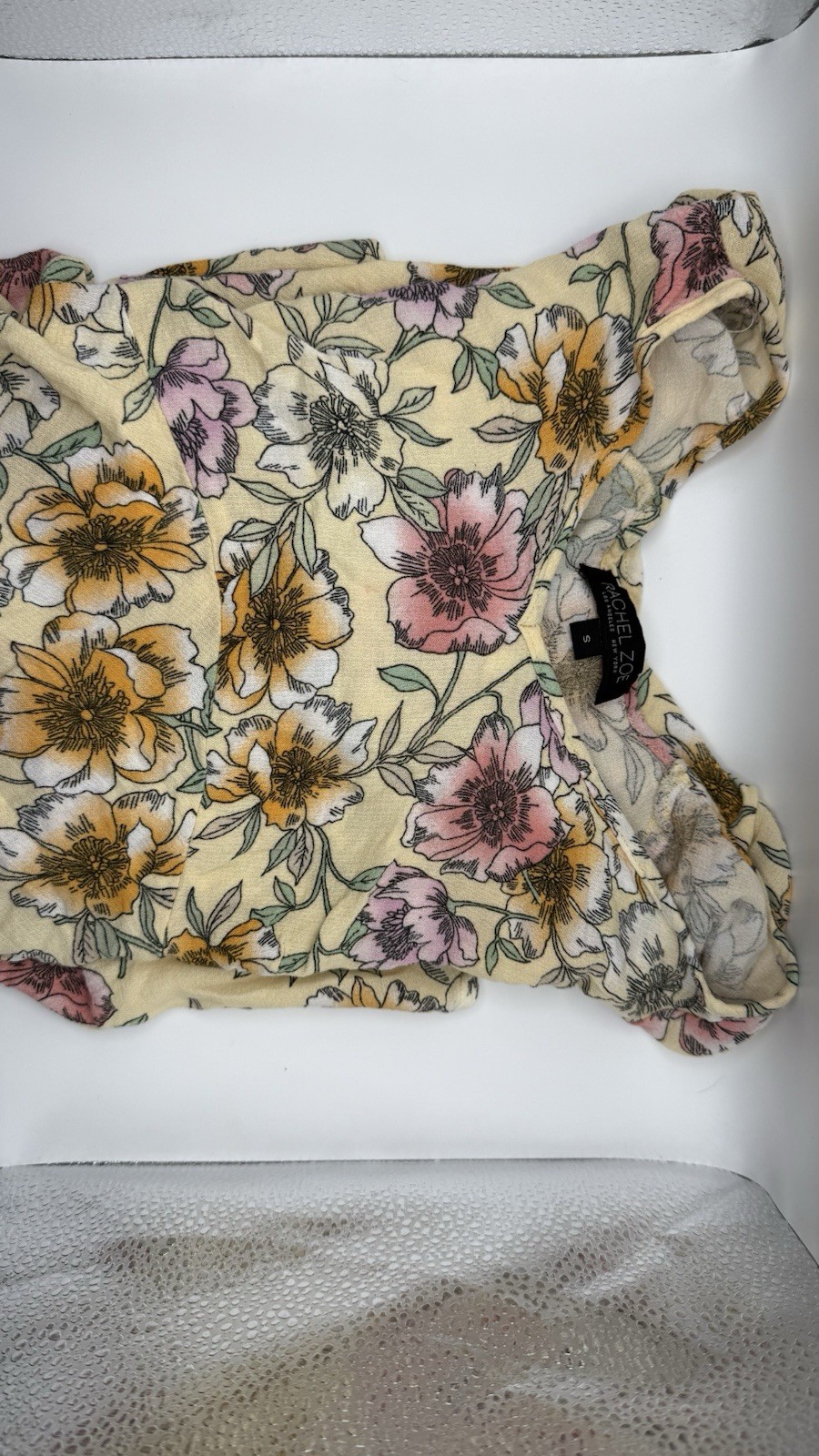 Rachel Zoe Yellow Floral Babydoll Top – V-Neck Peplum, Flutter Sleeve – Size S