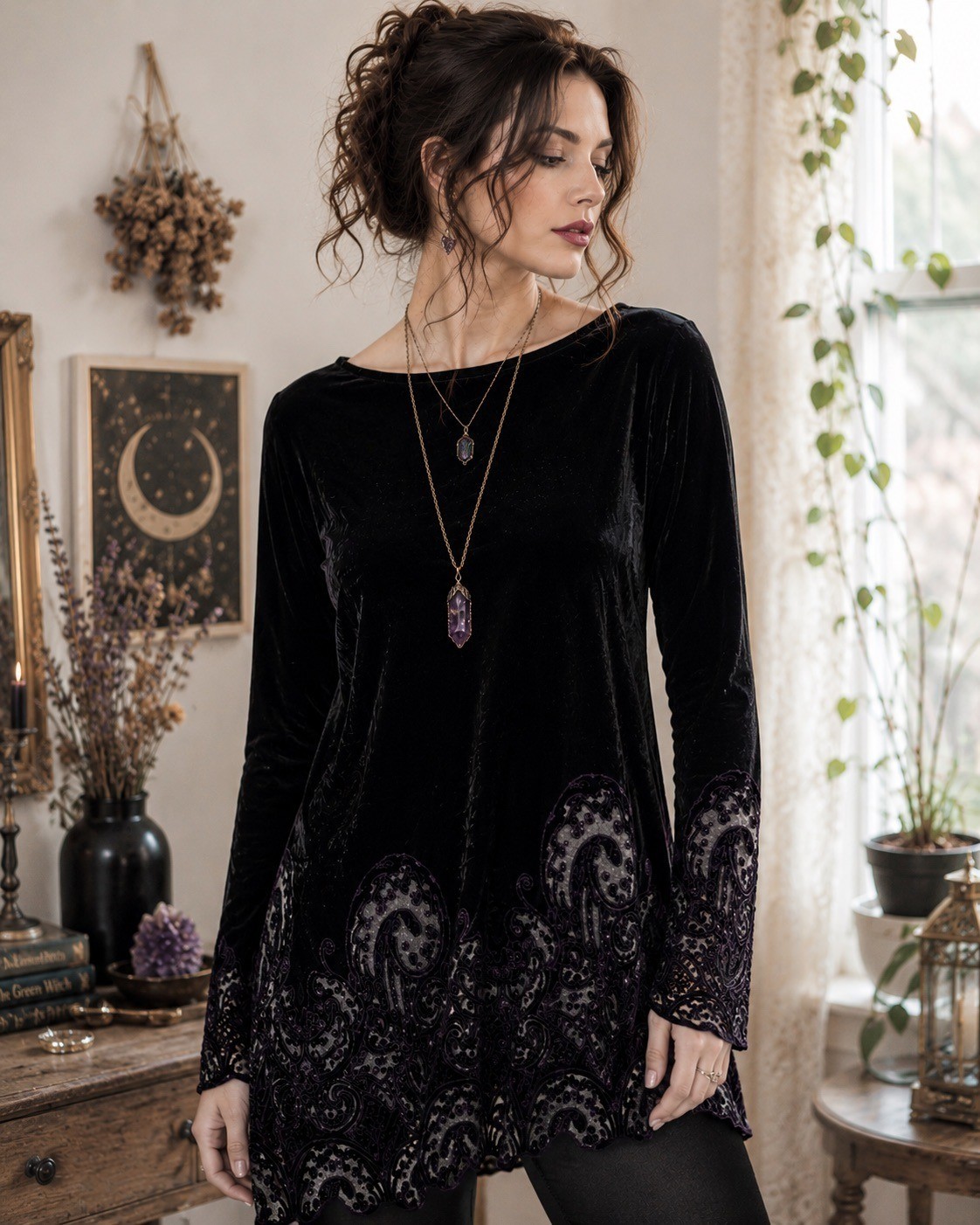 Mirasol Burnout Velvet Top Medium Black Purple Paisley Long Sleeve Whimsy Goth