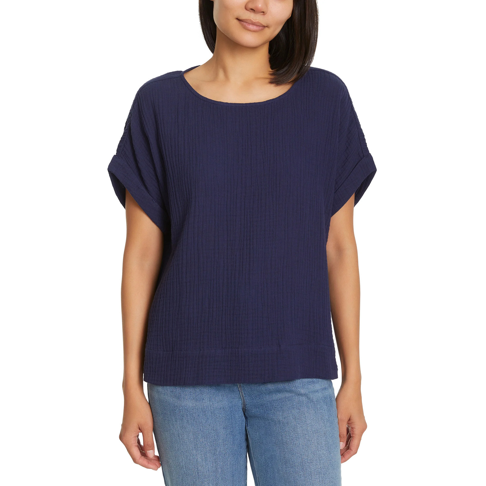 Gloria Vanderbilt Women’s Cotton Gauze Pullover Top Double Rolled Cuff Sleeve