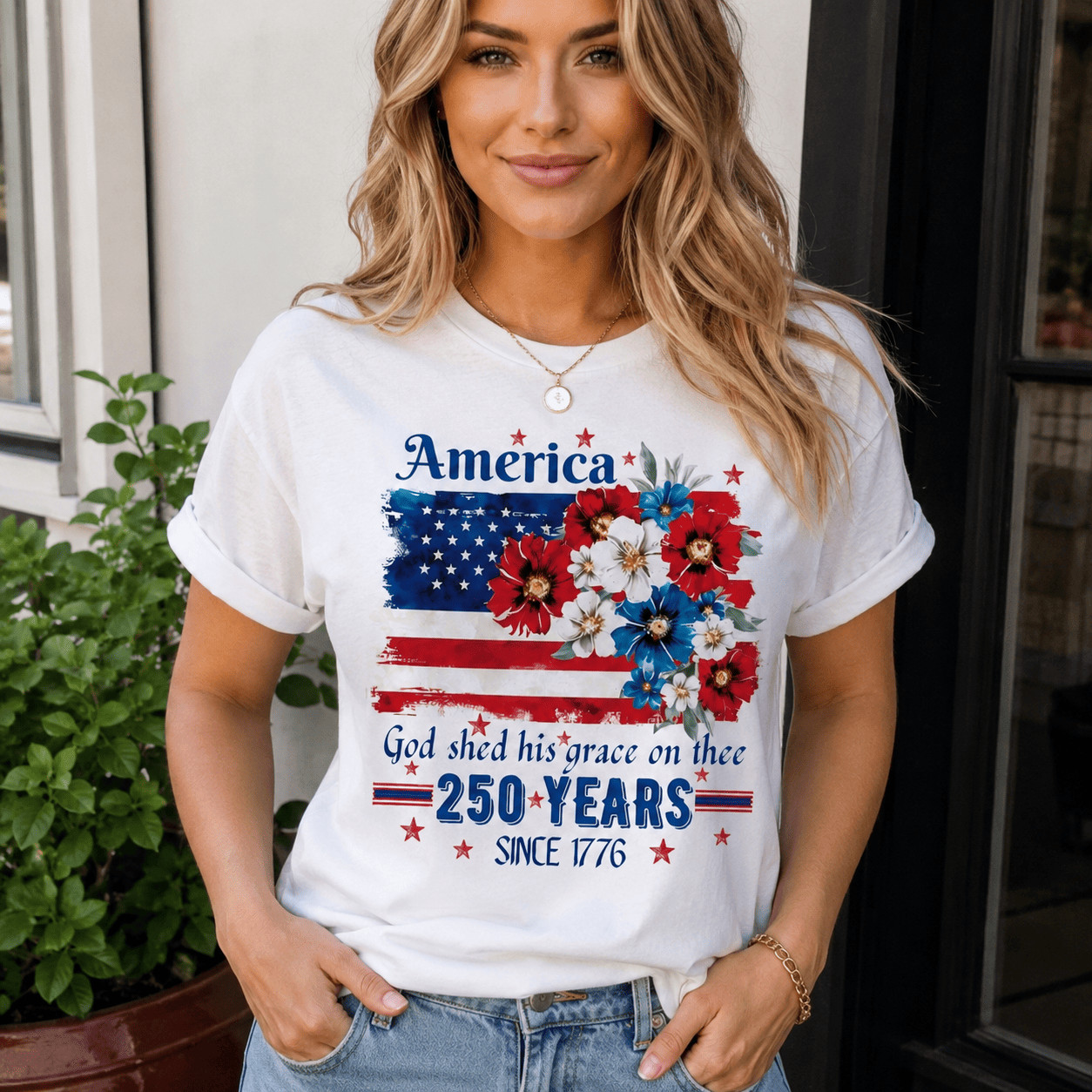Women’s 250th Anniversary American Flag Floral Patriotic Graphic T-Shirt