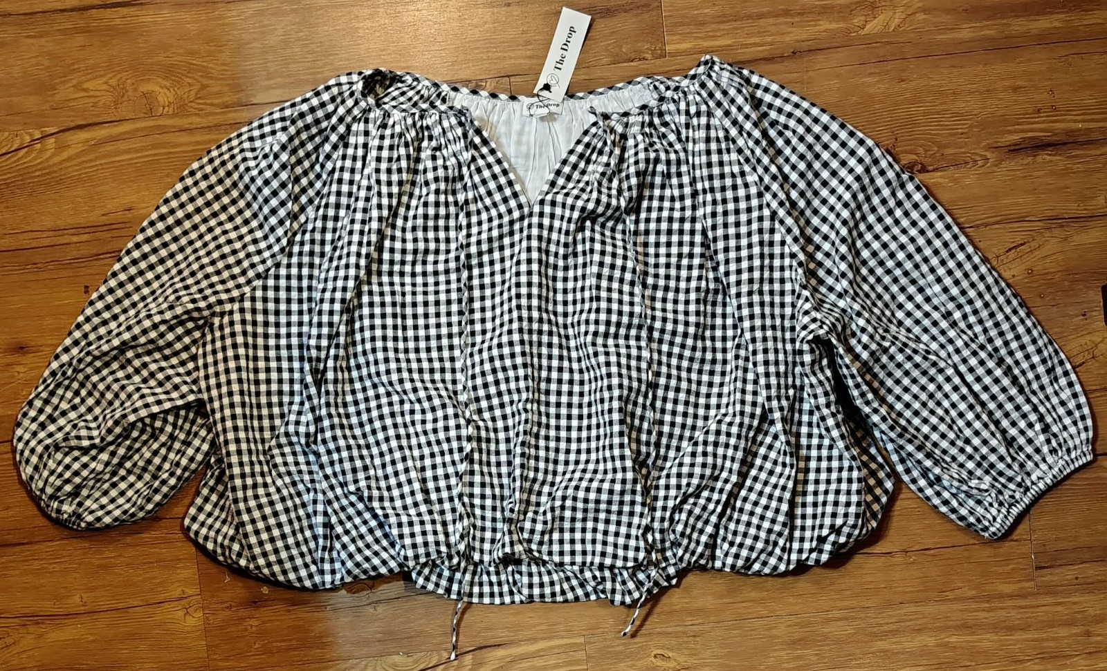 The Drop Womens Shirred Neck Cotton Bubble Hem Top Black/White Gingham XXL