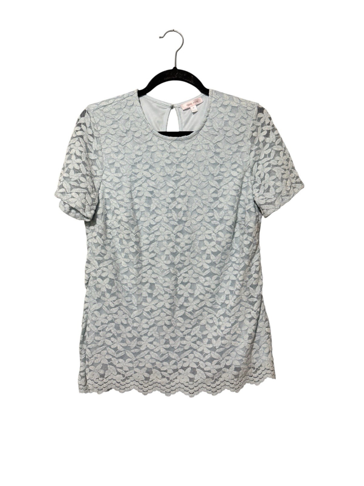 Teddi Rose Lace Blouse Light Blue Floral Short Sleeve Top Medium