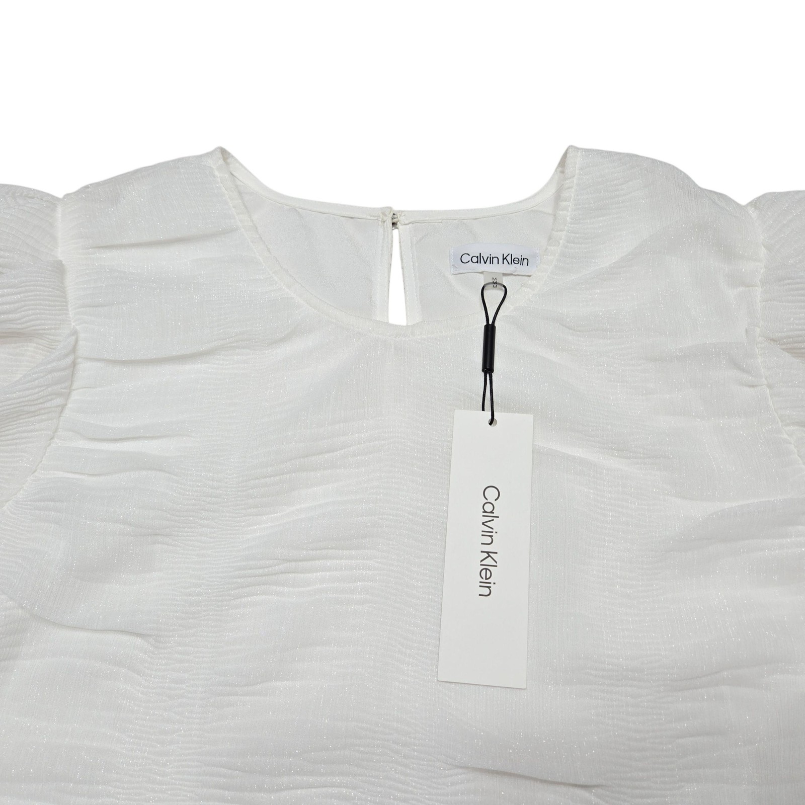 Calvin Klein Top Womens Medium White Puff Sleeve Sheer Lined Peasant Blouse