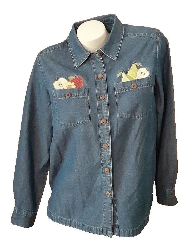 Breckenridge Blue Denim Shirt Long Sleeves Straight Hem Embroidered Misses PM