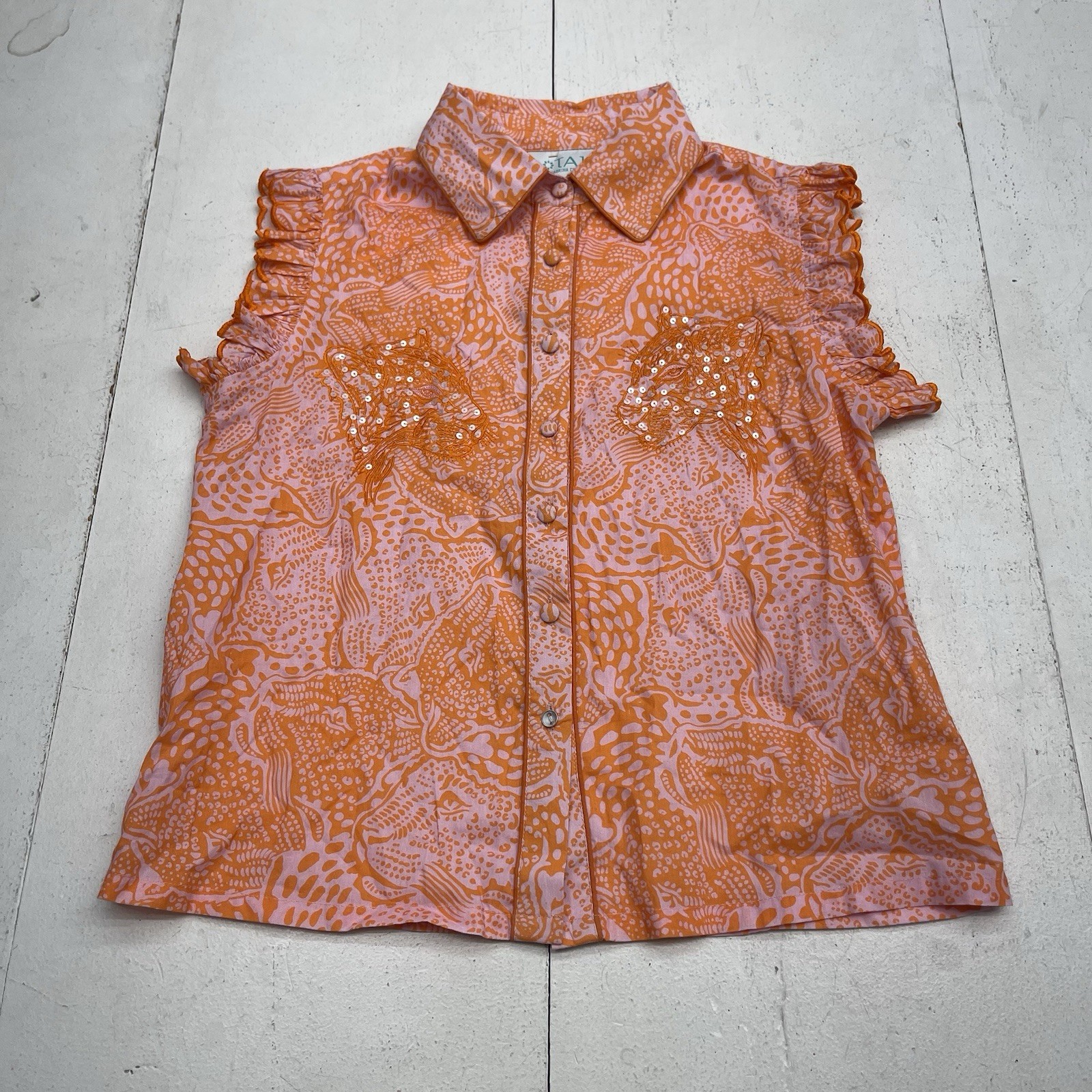Taj By Sabrina Crippa Valeria Orange Animal Ruffle Sleeve Tank Womens S $240