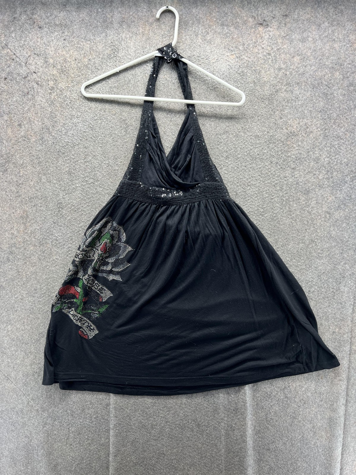 Ed Hardy Tank Top Womens Small Black Halter Sequin Rhinestone Happy Rose