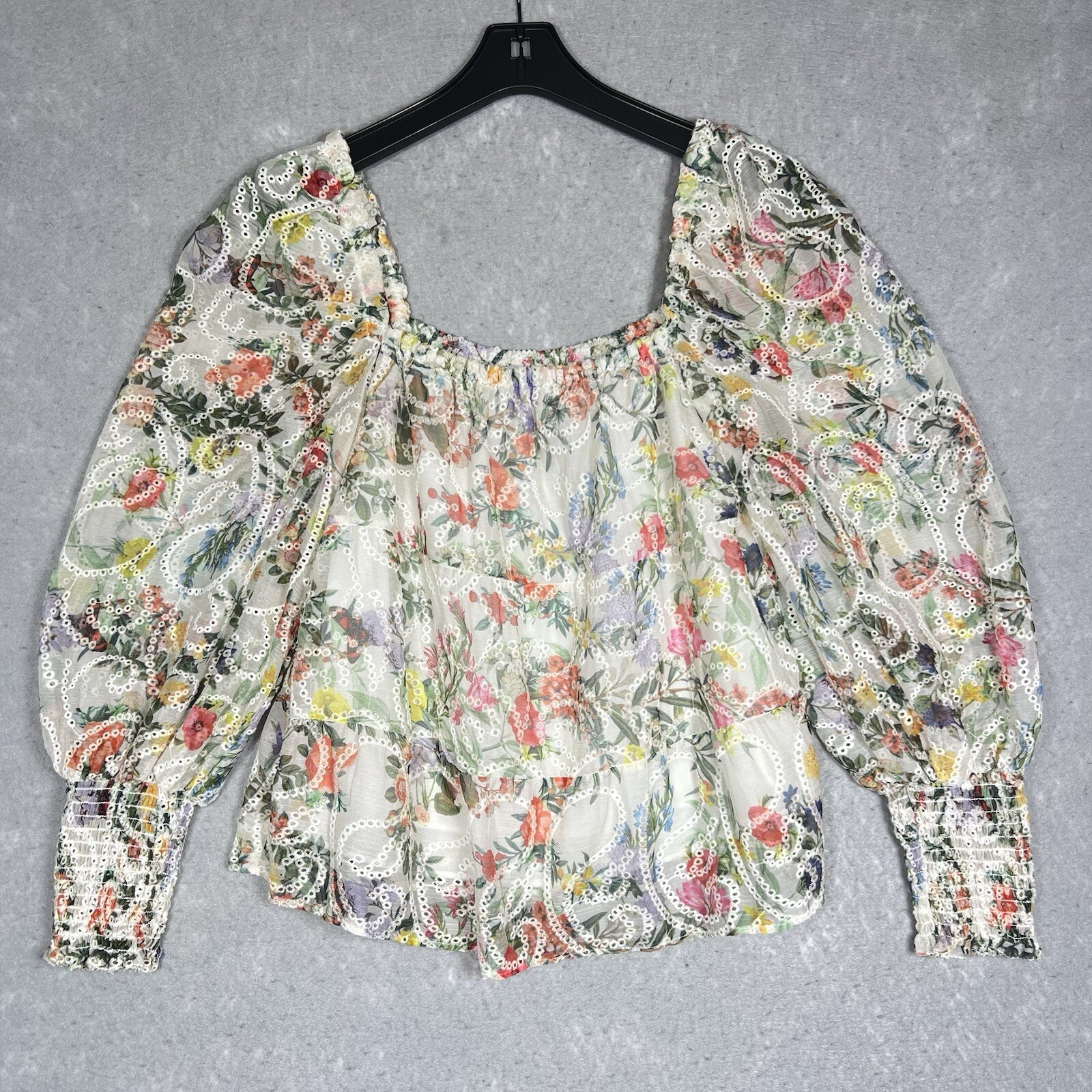 Alice + Olivia Top Women XS Rowa Floral Embroidered Eyelet Tiered Puffed-Sleeve