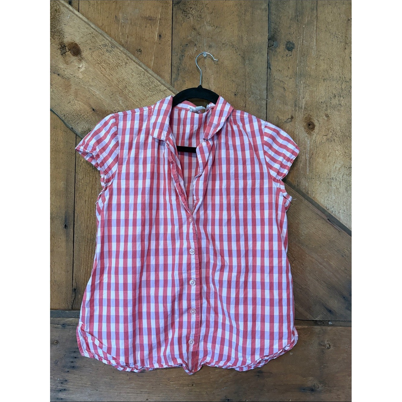 LOFT Pink and White Gingham Button-Down Shirt