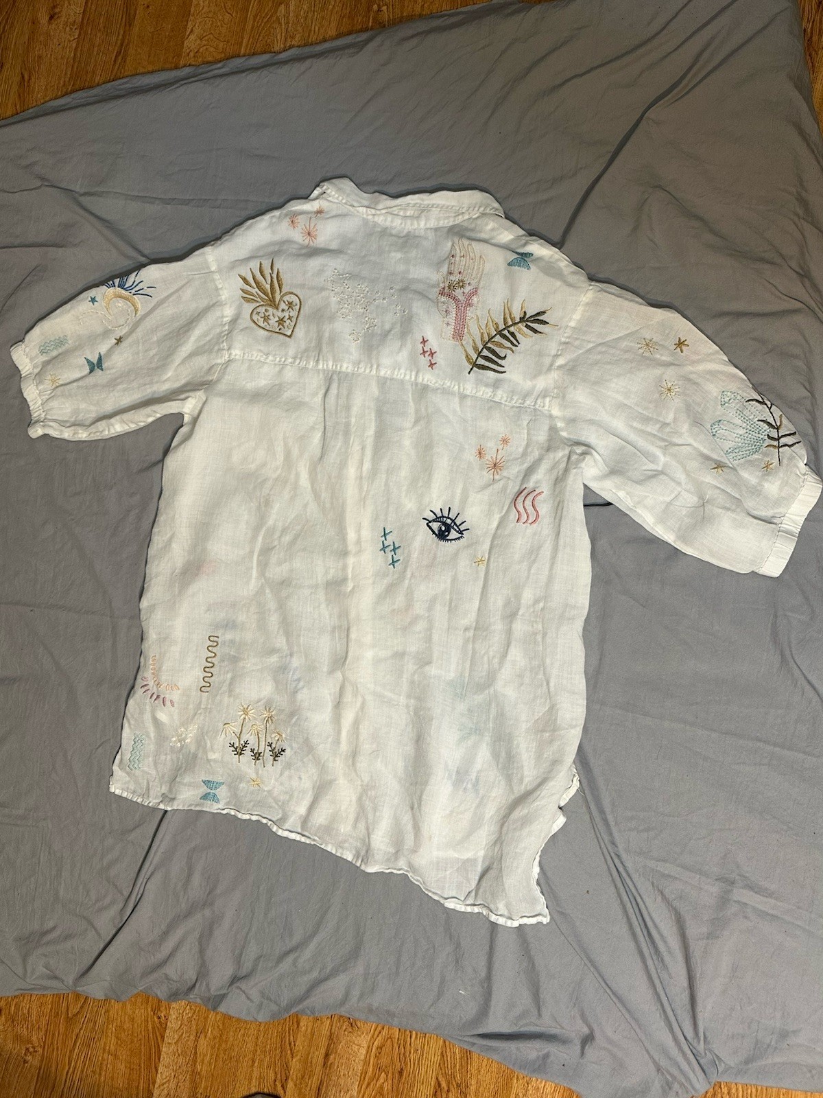 Johnny Was White Embroidered Button-Up Collar 3/4 Sleeve Relaxed Blouse Resort L