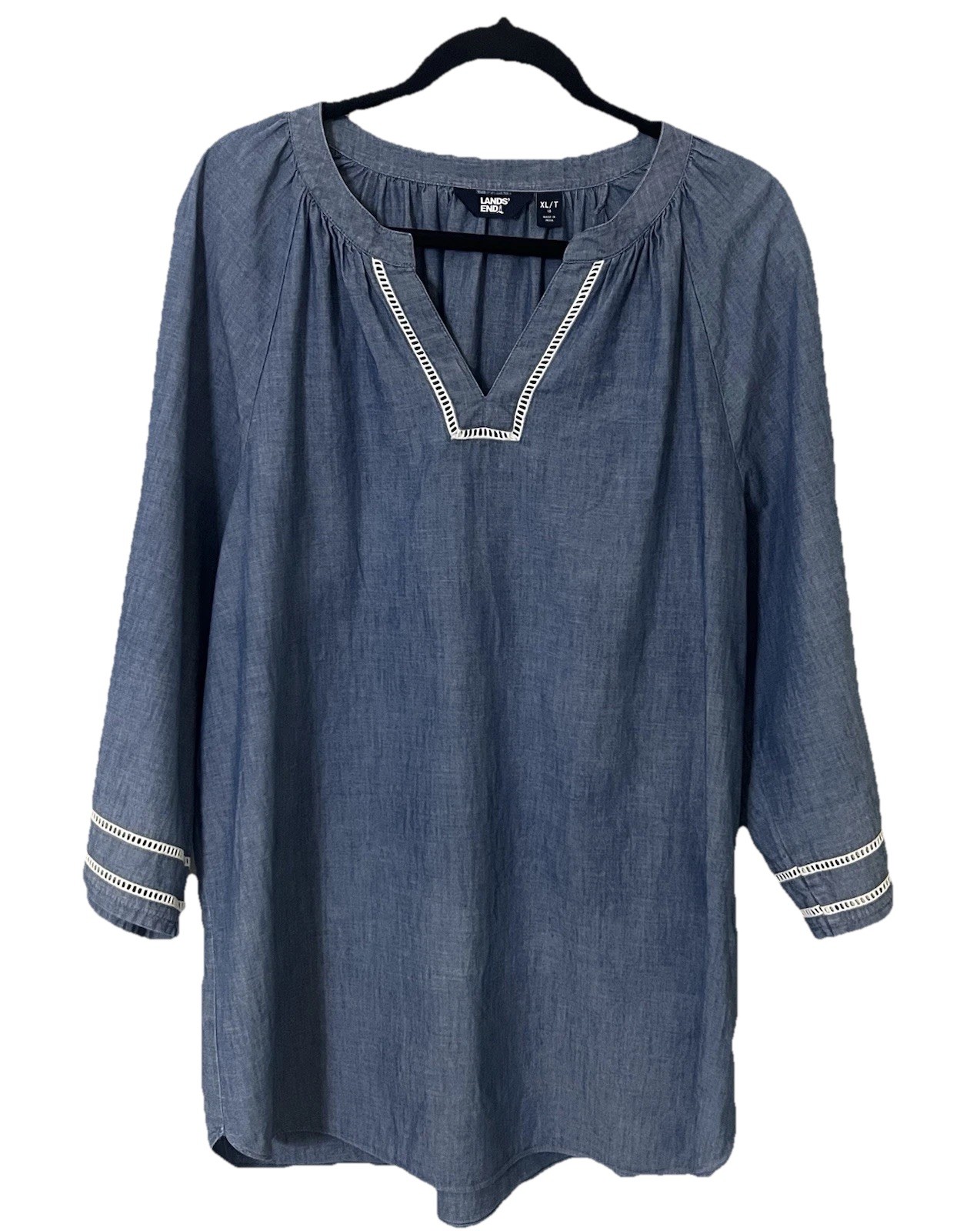Lands’ End XL Tall Chambray Cotton Tunic Blouse Blue V Neck 3/4 Sleeve Casual