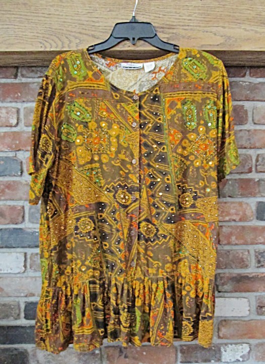 Vintage Diana Marco tunic top womens 14 orange embellished peplum festive funky