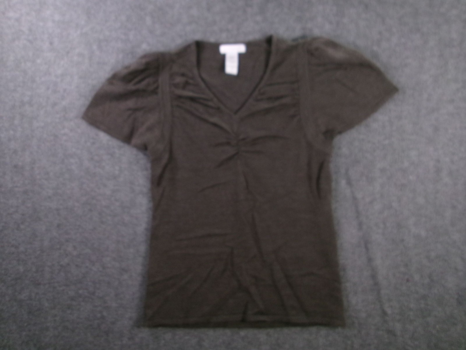 Artisan Knit Top Womens S Ruched V Neck Short Sleeve Acrylic Brown Layering Tee
