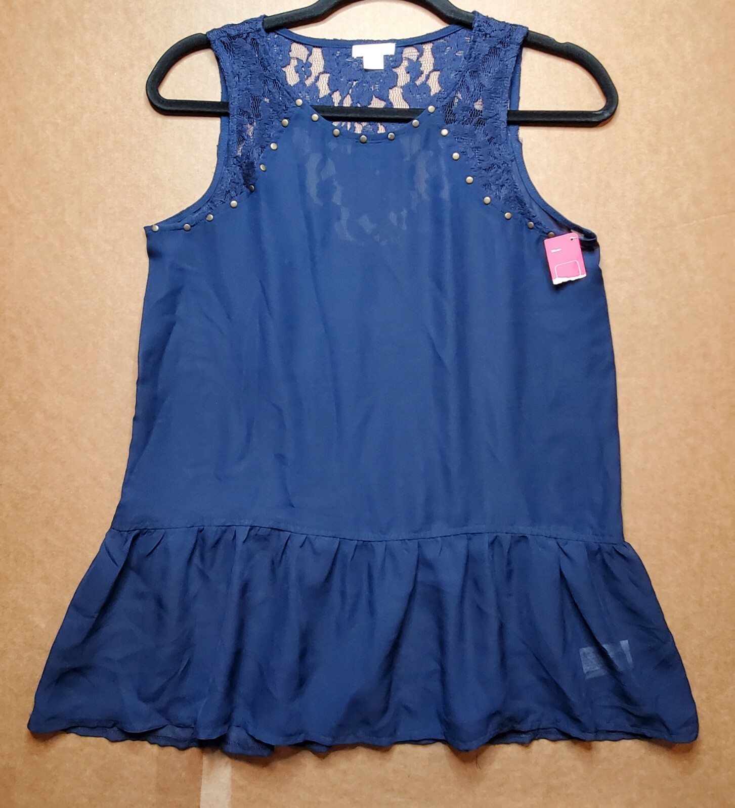 Xhilaration Womens Pullover Top Blouse Medium Blue Sheer Lace Studded Sleeveless
