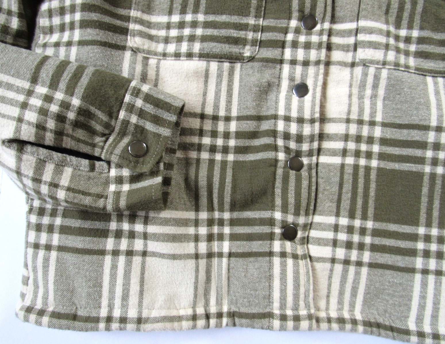 Lucky Brand Jacket Green Ivory Cream Plaid Fleece Lined Flannel Shacket M Medium