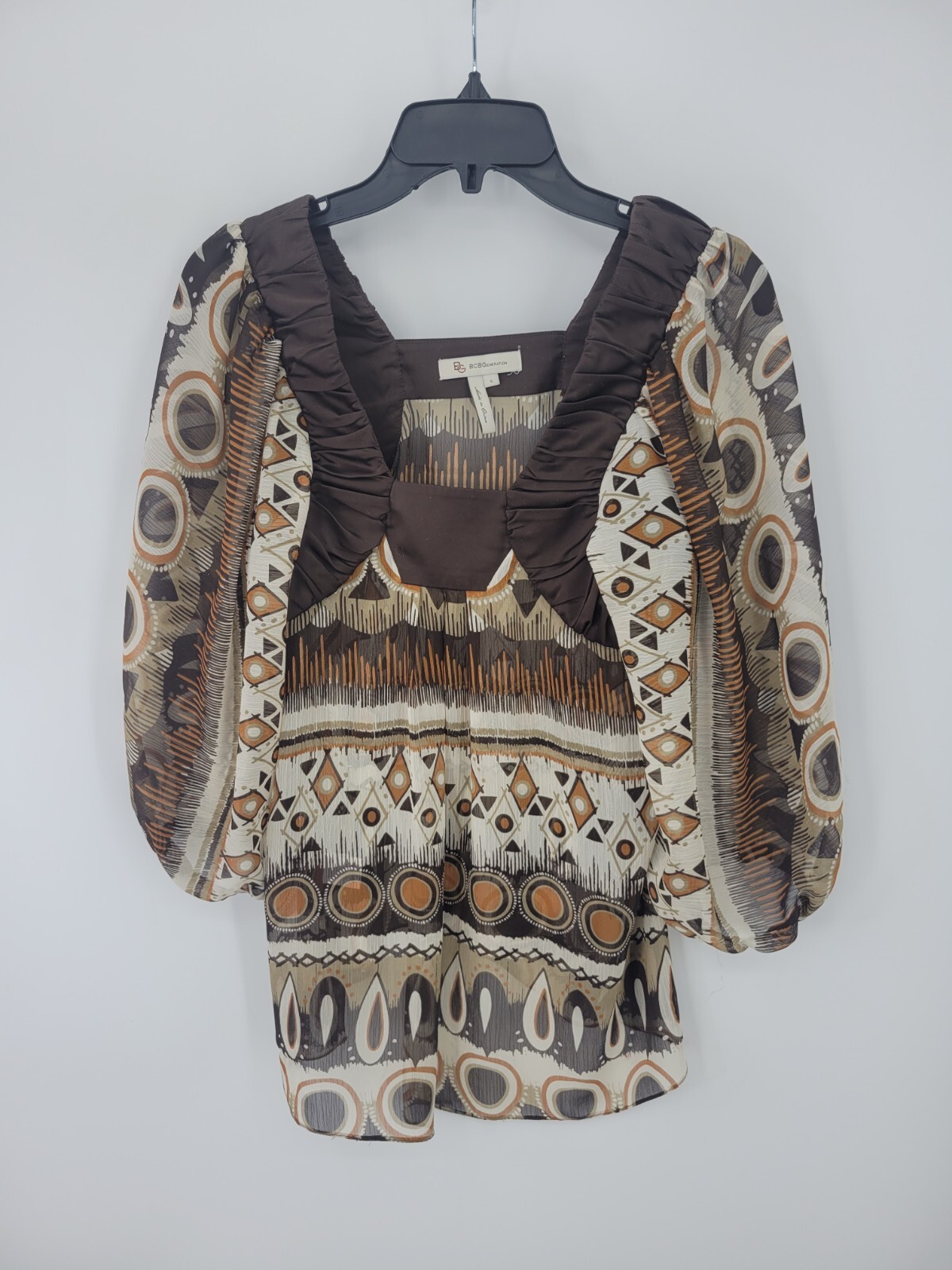 BCBGeneration Top Womens Small Brown Southwestern Print Contrast Trim Boho