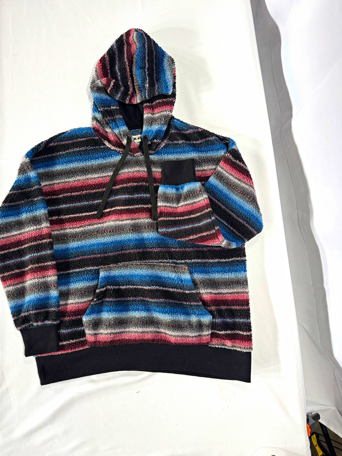 RANK 45 Sherpa Hoodie Large Striped Blue Pink Black Fleece Pullover
