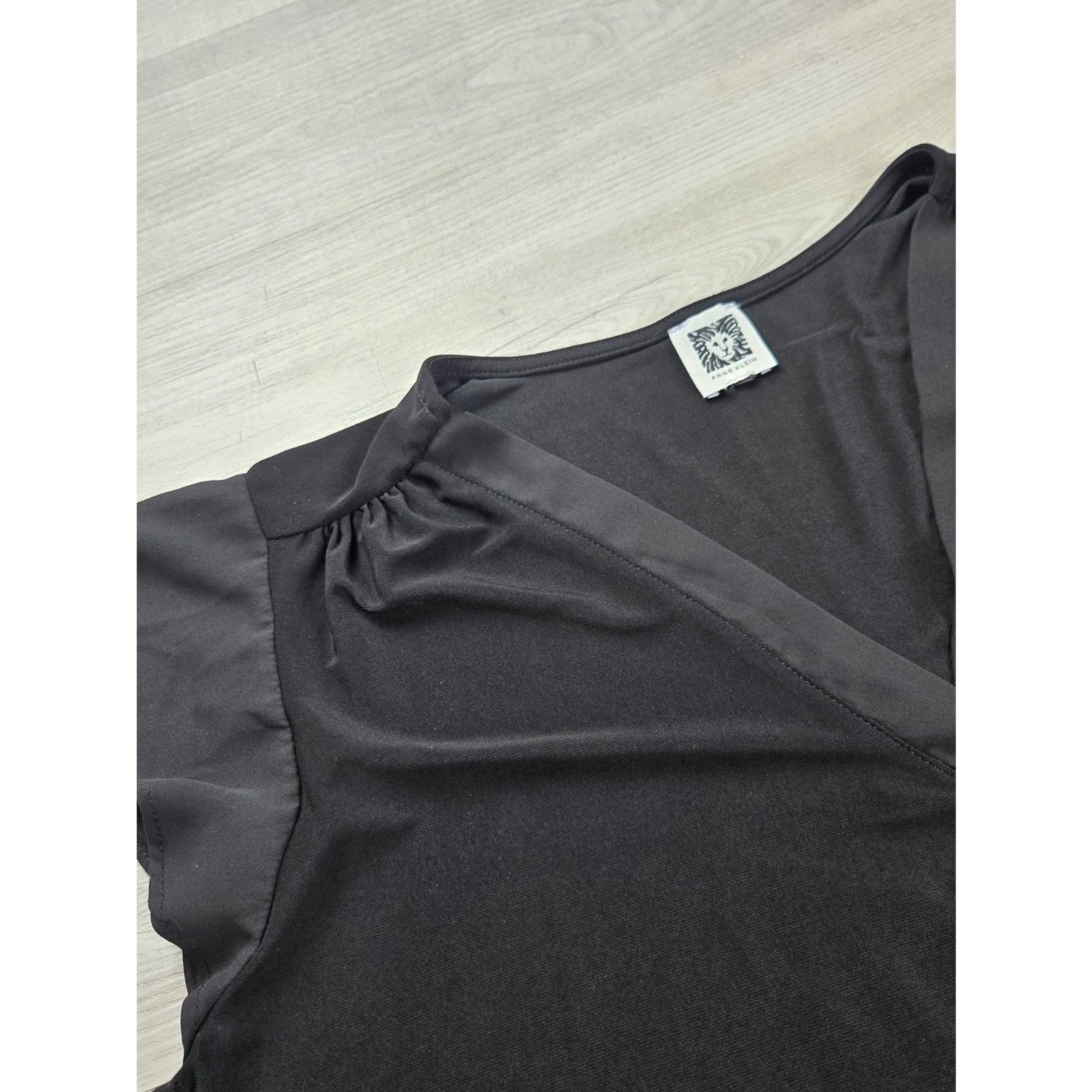Anne Klein Black Flutter Sleeve V-Neck Top Satin Trim Stretch Blouse