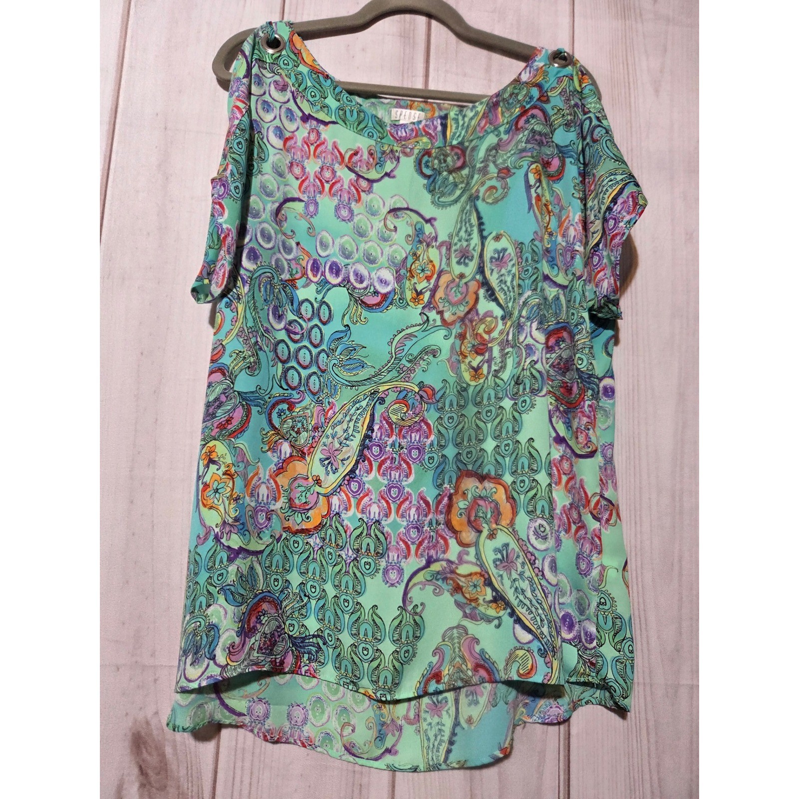 Spense Womens XL Mint Green Paisley Cold Shoulder Grommet Blouse High Low Top