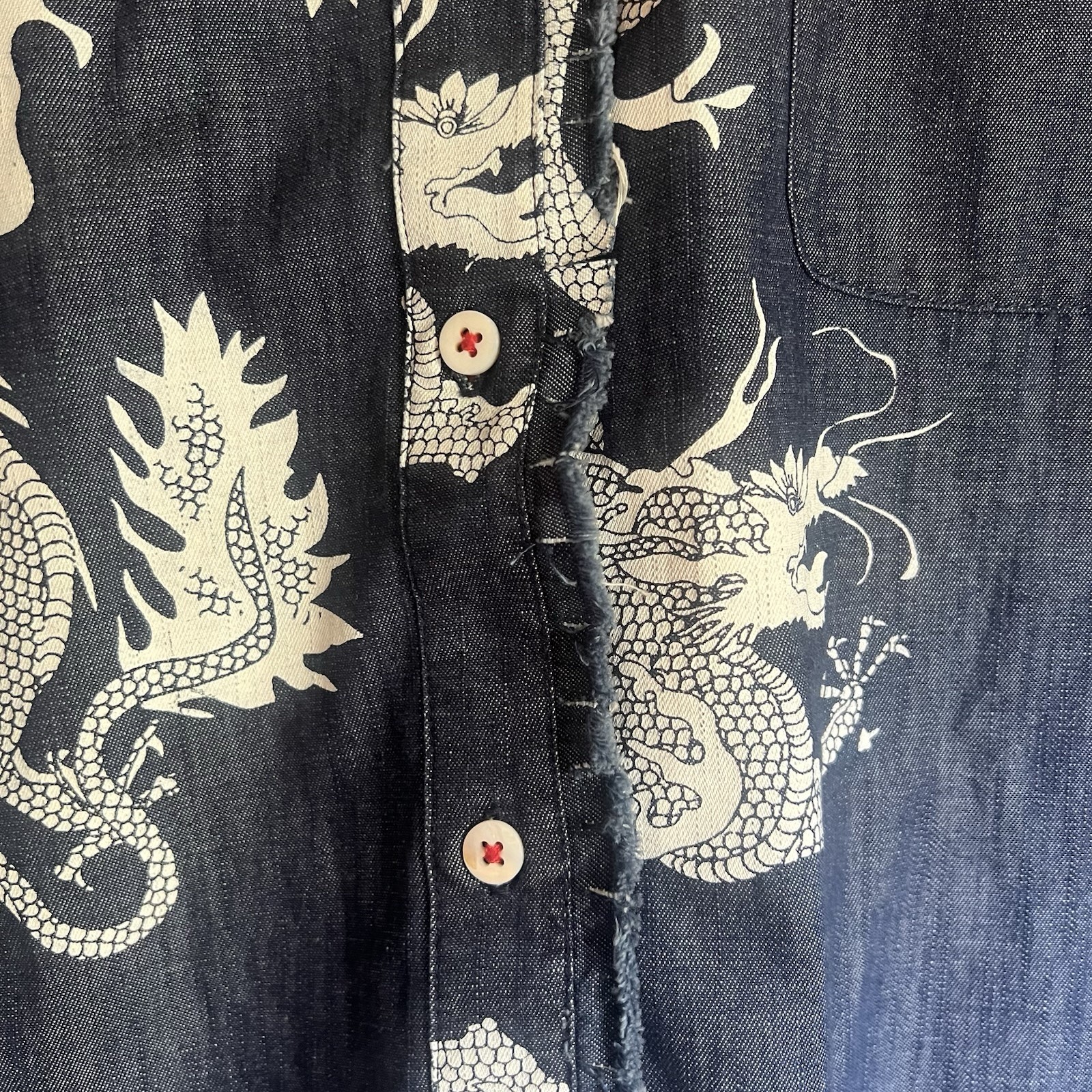 Tizzie By Dizzy Lizzie Cape Cod Denim Shirt Navy Dragon Frayed Edges Size XL