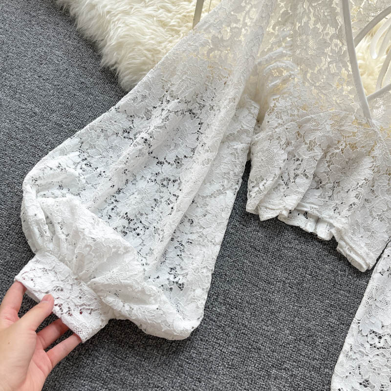 Women Crop Floral Lace Blouse Top Puff Sleeve Hollow Out V-neck Retro Sexy