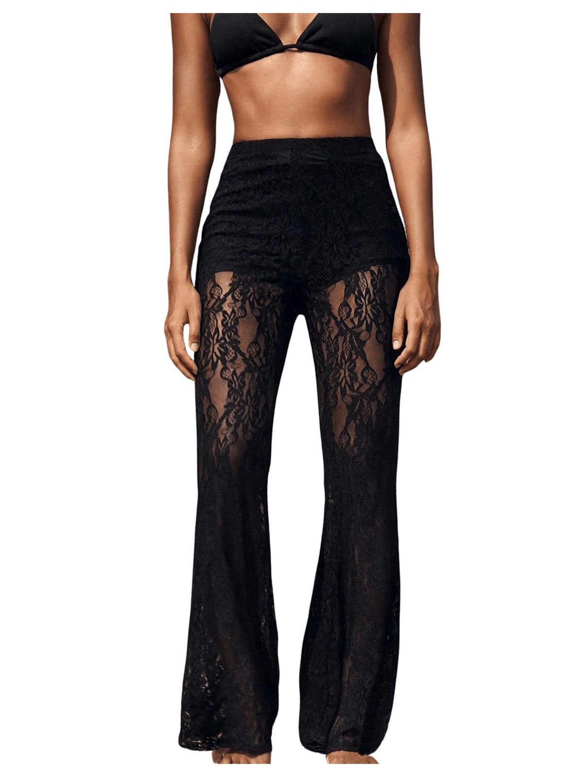 Womens Floral Lace Sheer Mesh Flare Pants Elastic High Waisted Trousers