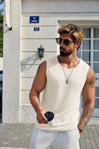 Mens Casual Tank Tops 2 Pack Waffle Knit Sleeveless Shirt X-Large Beige 1 Pack