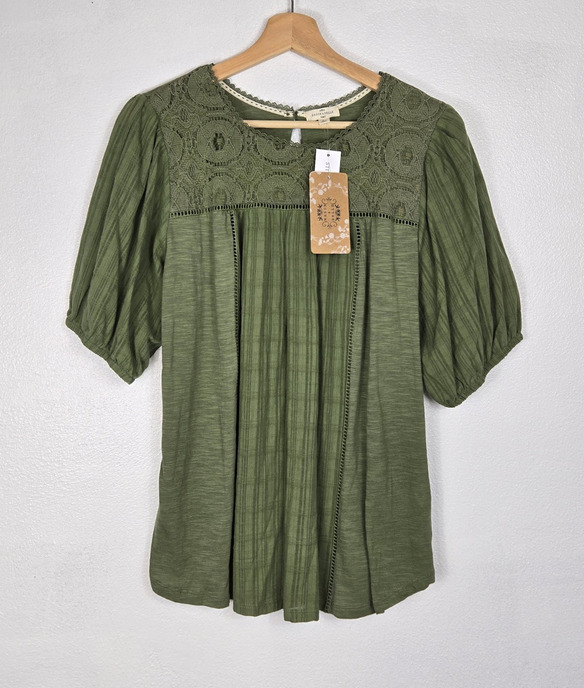 NEW Mason & Belle Londrina Short Sleeve Knit Green Peasant Blouse Lace Large
