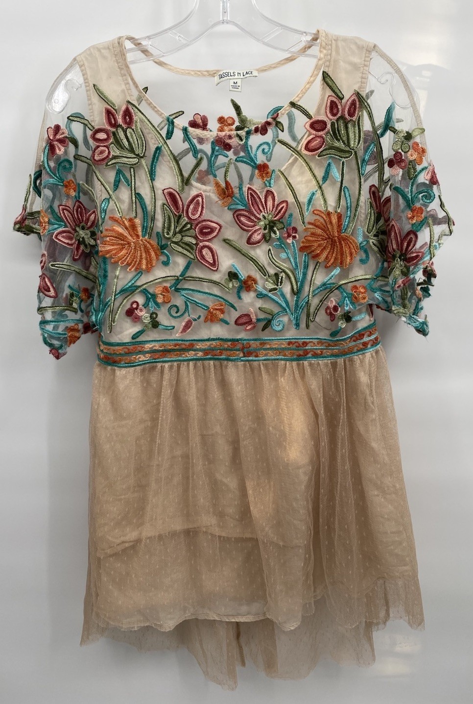 Tassels N Lace Embroidered Floral Tulle Tunic Top Sheer Chiffon Lace Y2K Size M