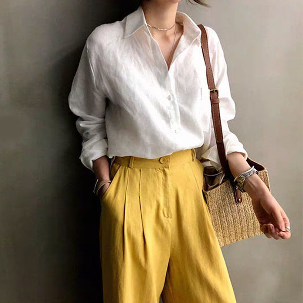 Womens Summer Shirts Casual Collared Long Sleeve Linen Cotton Button Blouse Tops