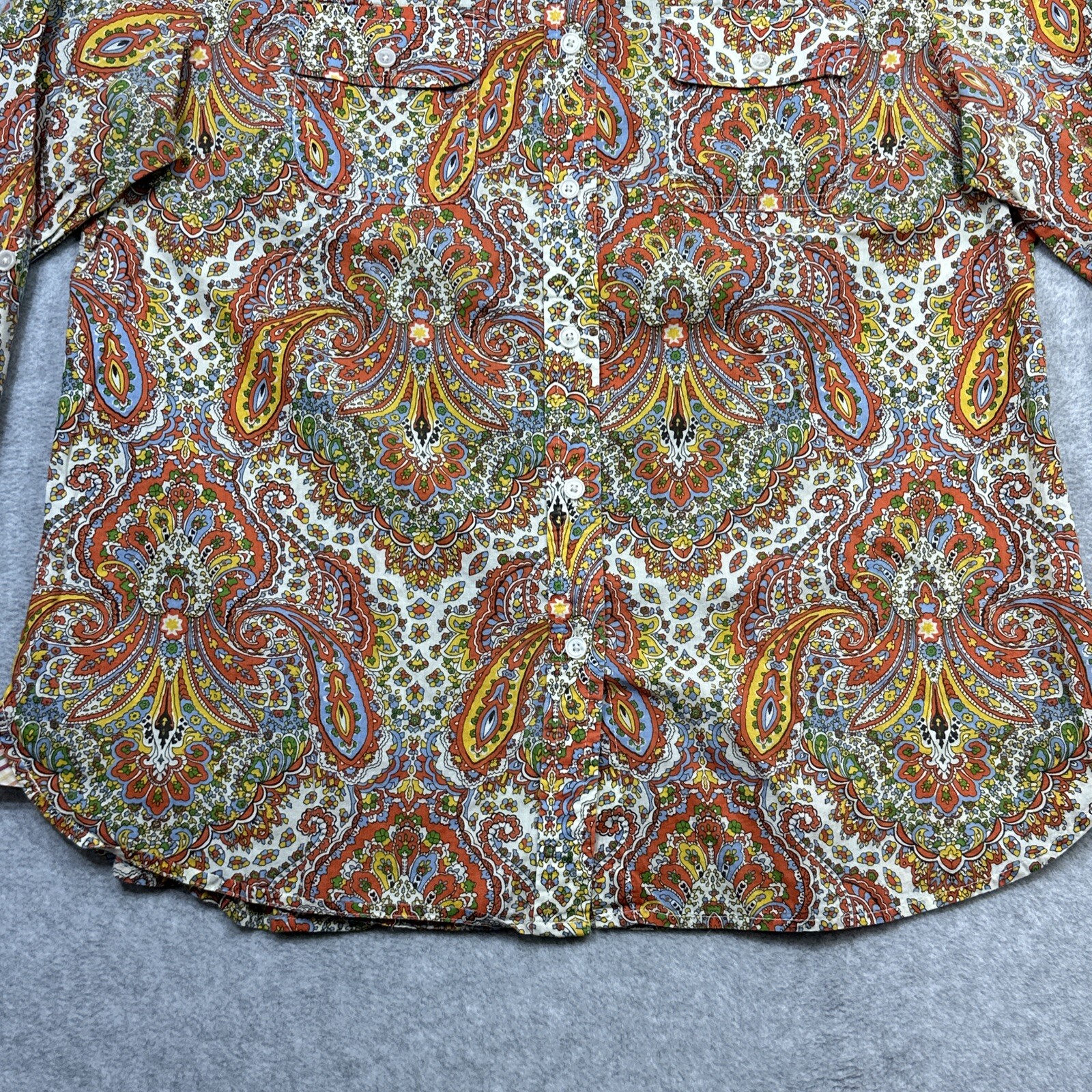 Talbots Top 10P Orange Paisley Roll Tab Flip Cuff Versatile Layer Everyday Wear