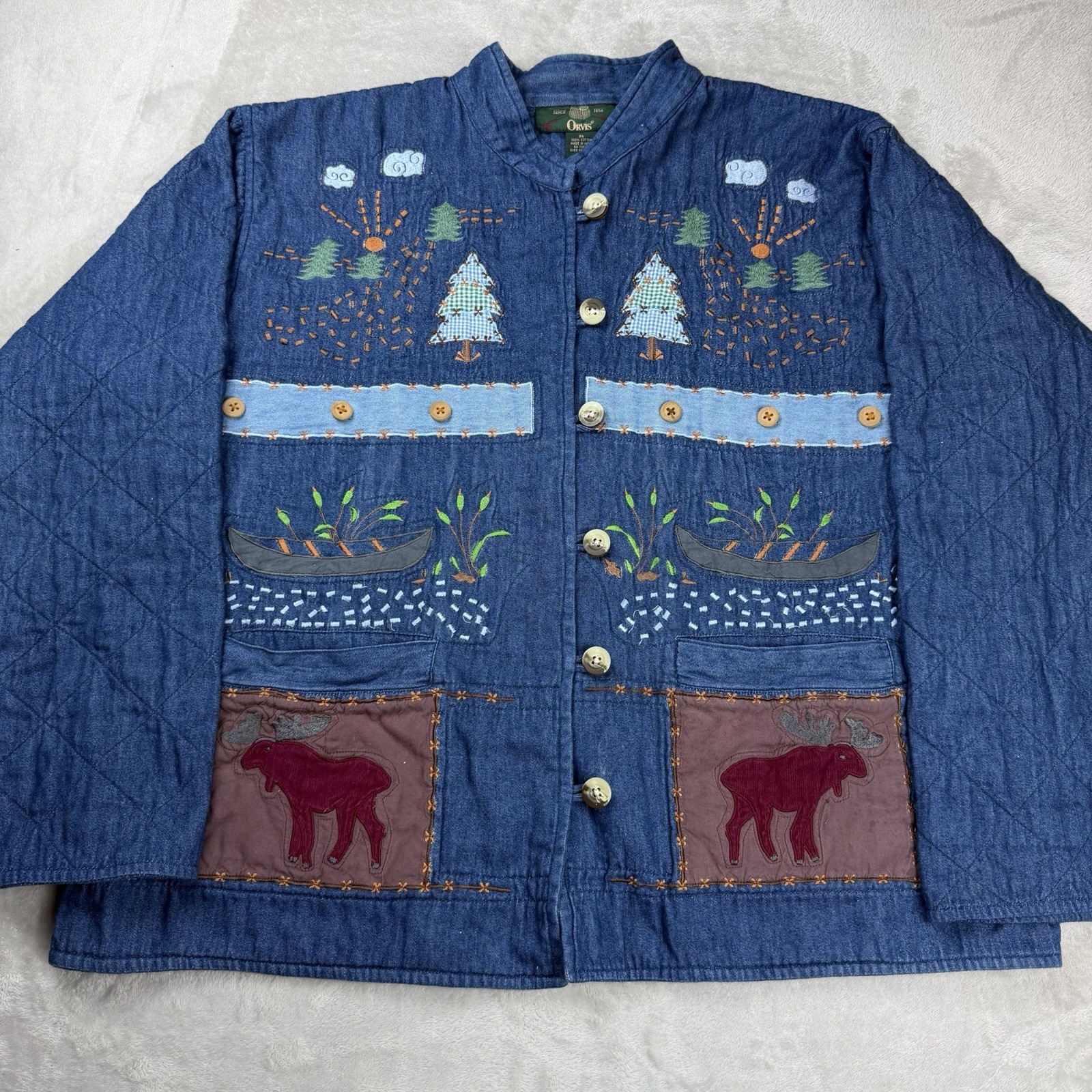Vintage Orvis Womens Quilted Embroidery Work Button Up Jacket Size XL Cotton