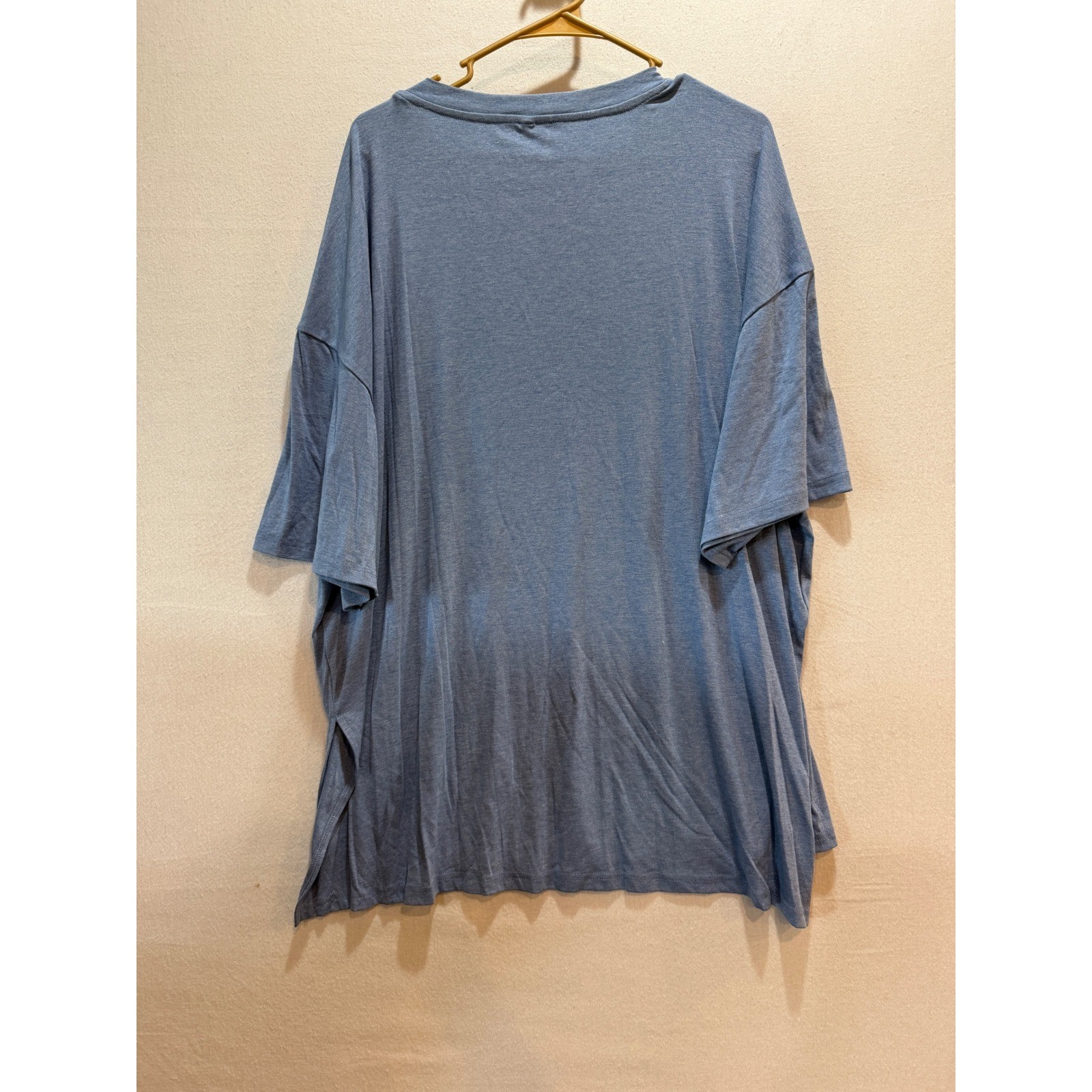 Oversized Heather Blue Side Slit Crewneck Tee Viscose Blend Short Sleeve Top