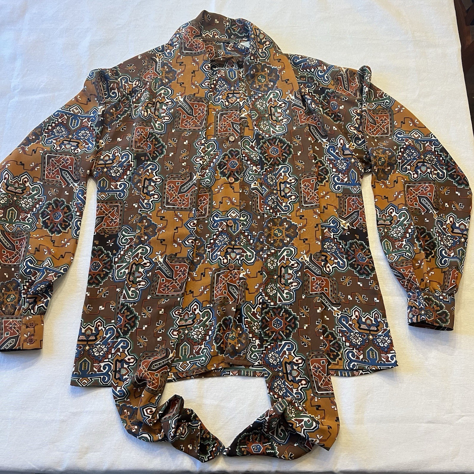 Vintage Style 70’s Sash Tie Neck Blouse Women’s Size 4 Geometric Secretary Brown