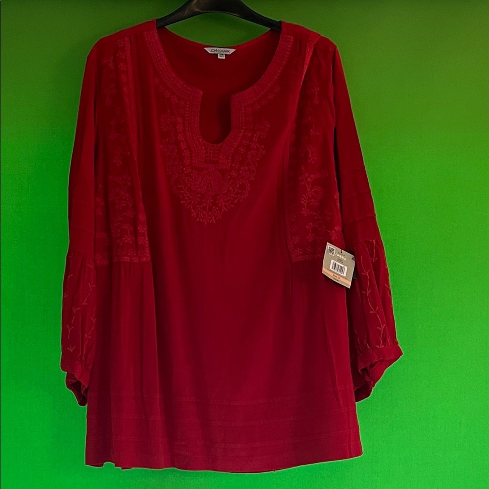 John Mark Embroidered Split Round Neck 3/4 Sleeve Tunic Top Red 2X