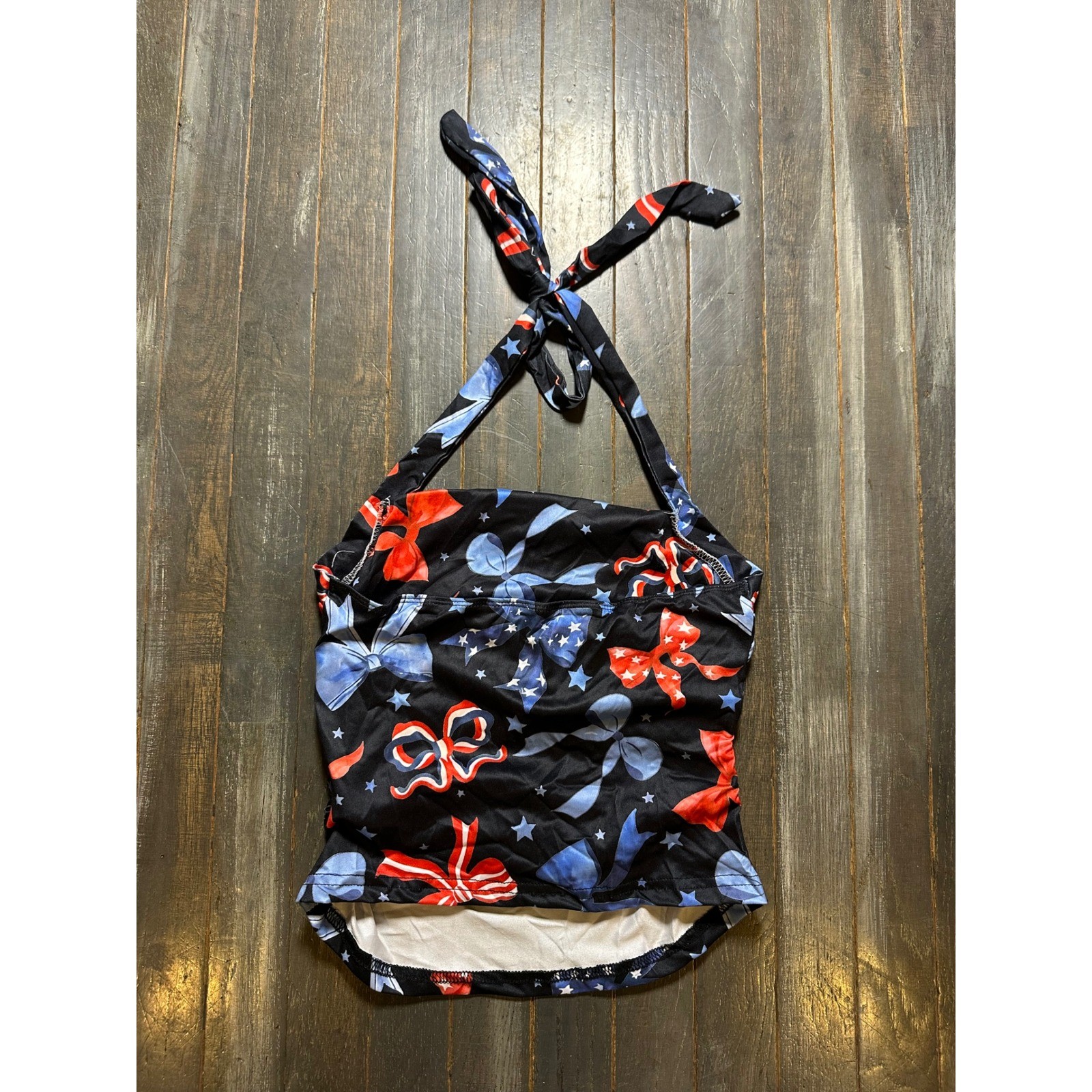 SHEIN Patriotic Bow Star Print Halter Tankini Top Black Red Blue Ruched