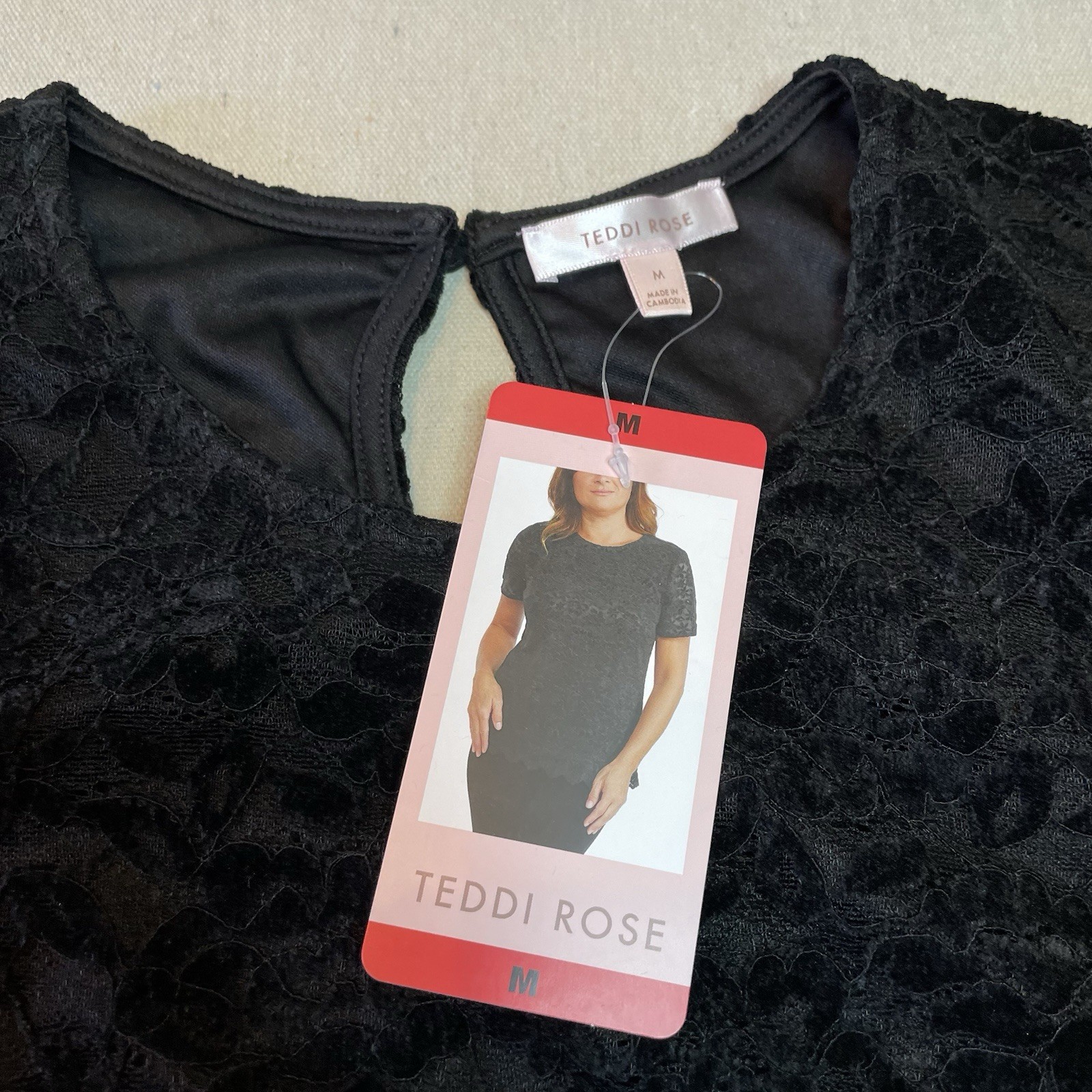 Teddi Rose Women Black Lace Velvet Burnout Top Shirt Short Sleeve Size Medium